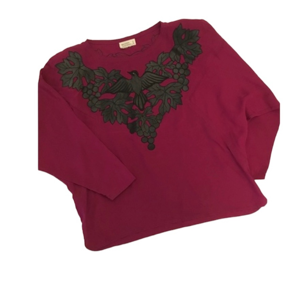 Mercedes & Adrienne  VTG Wine/Black Leather Appliqué Top Blouse Sz M